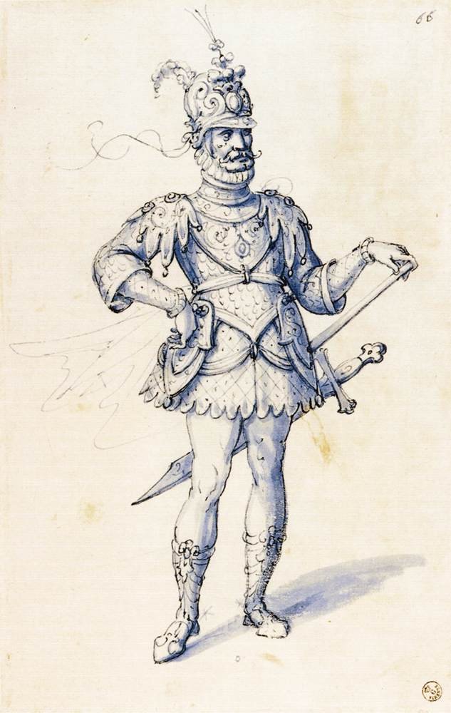 Rysunek kostiumu dla rycerza autorstwa Giuseppe Arcimboldo