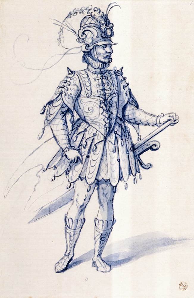 Rysunek kostiumu dla rycerza autorstwa Giuseppe Arcimboldo