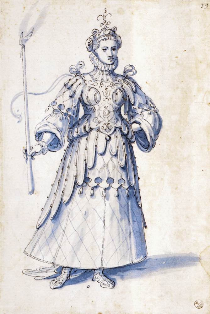 Rysunek kostiumu postaci kobiecej z pochodnią autorstwa Giuseppe Arcimboldo
