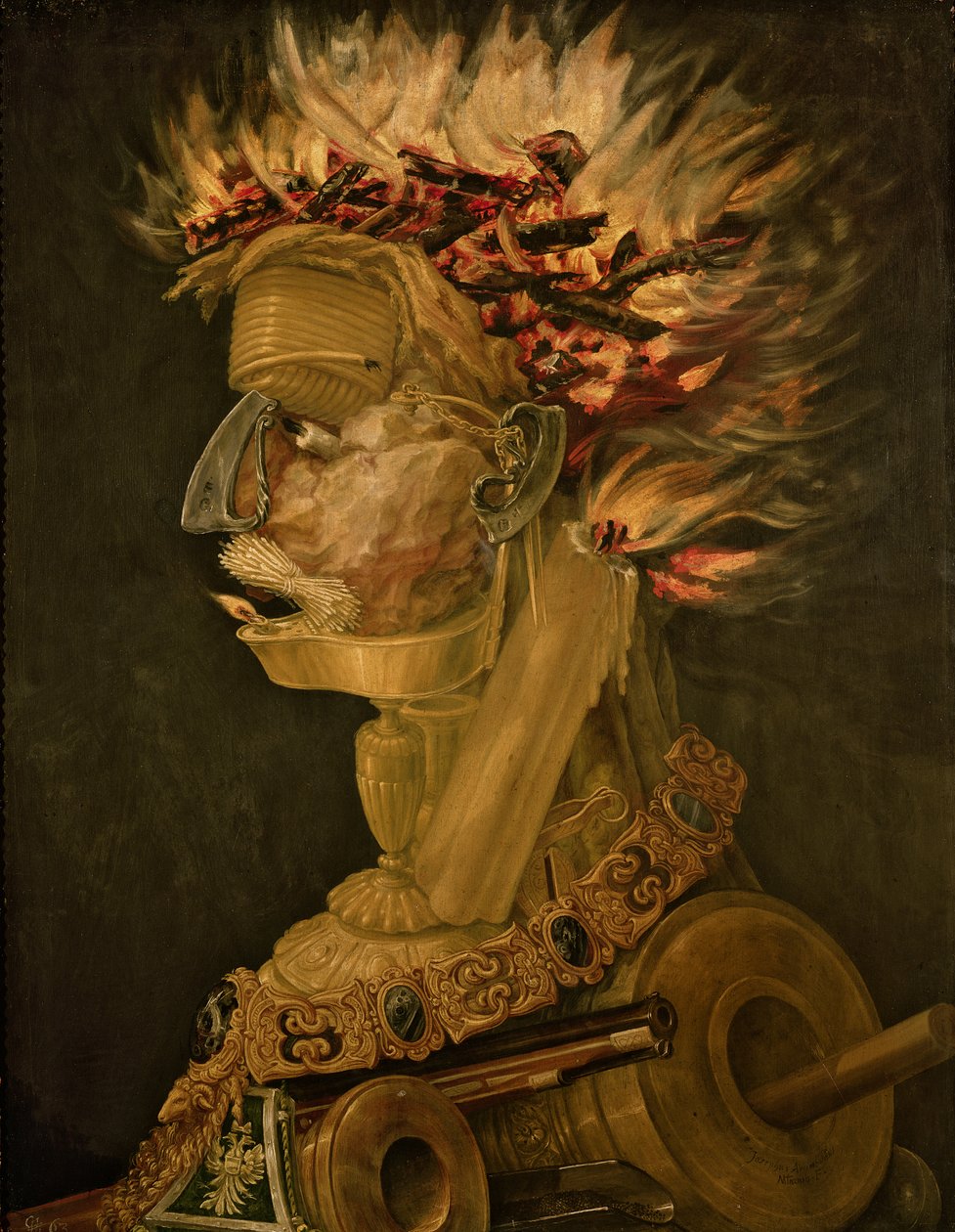 Ogień, 1566 (olej na drewnie) autorstwa Giuseppe Arcimboldo