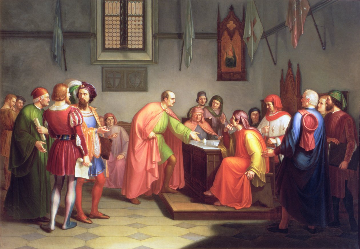 Florencki architekt Brunelleschi udowadnia swoją teorię dotyczącą budowy kopuły katedry za pomocą jajka autorstwa Giuseppe Fattori
