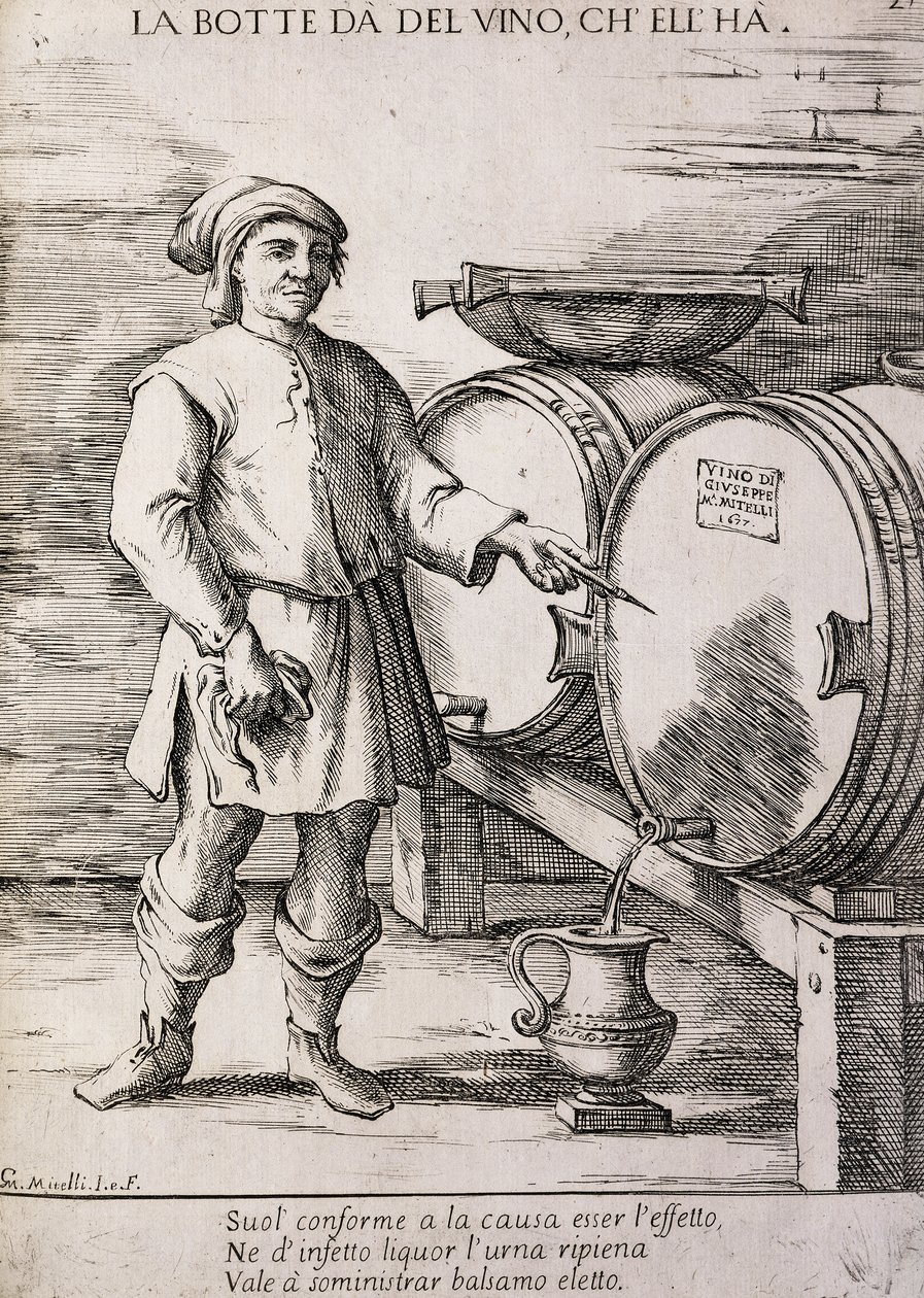 Beczka dająca wino, które zawiera, przysłowie autorstwa Giuseppe Maria Mitelli