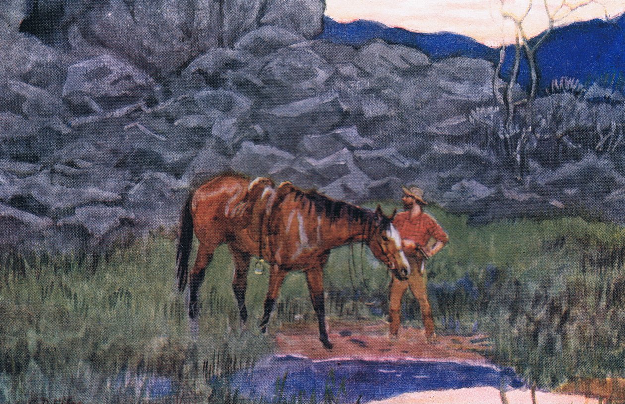 Wilk i pies, z Poems of Adam Lindsay Gordon opublikowane przez T. N. Foulis, 1912 autorstwa Godfrey Douglas Giles