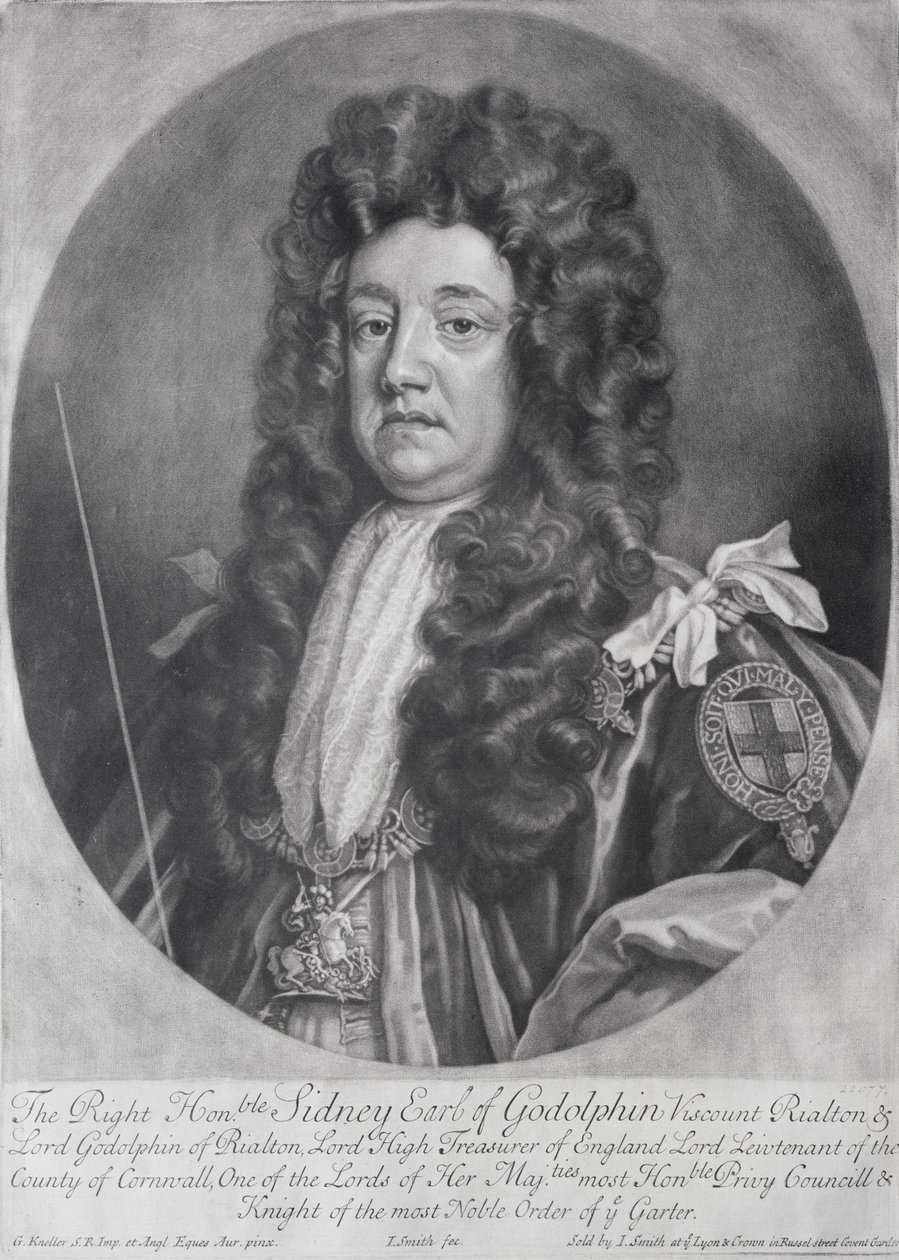 Portret Sidney Godolphin (1645-1712) 1. hrabia Godolphin wygrawerowany i opublikowany przez Johna Smitha (1652-1743) 1707 (mezzotinta) autorstwa Godfrey Kneller