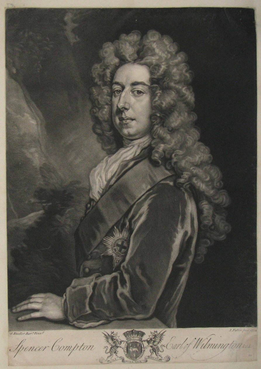 Spencer Compton, hrabia Wilmington, grafika Johna Fabera, 1734 (mezzotinta) autorstwa Godfrey Kneller