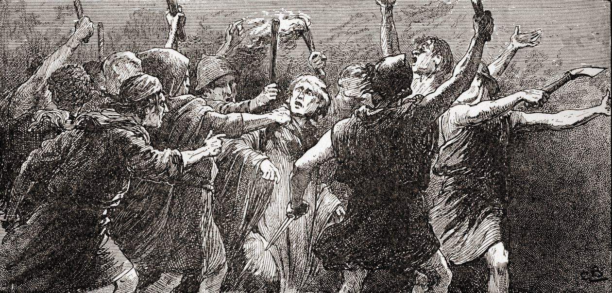 Scena z sztuki Williama Szekspira Juliusza Cezara, Akt III, Scena 3, Trzeci obywatel: Rozerwij go, rozerwij go, z Dzieła Williama Szekspira, opublikowane 1896 autorstwa Gordon Frederick Browne