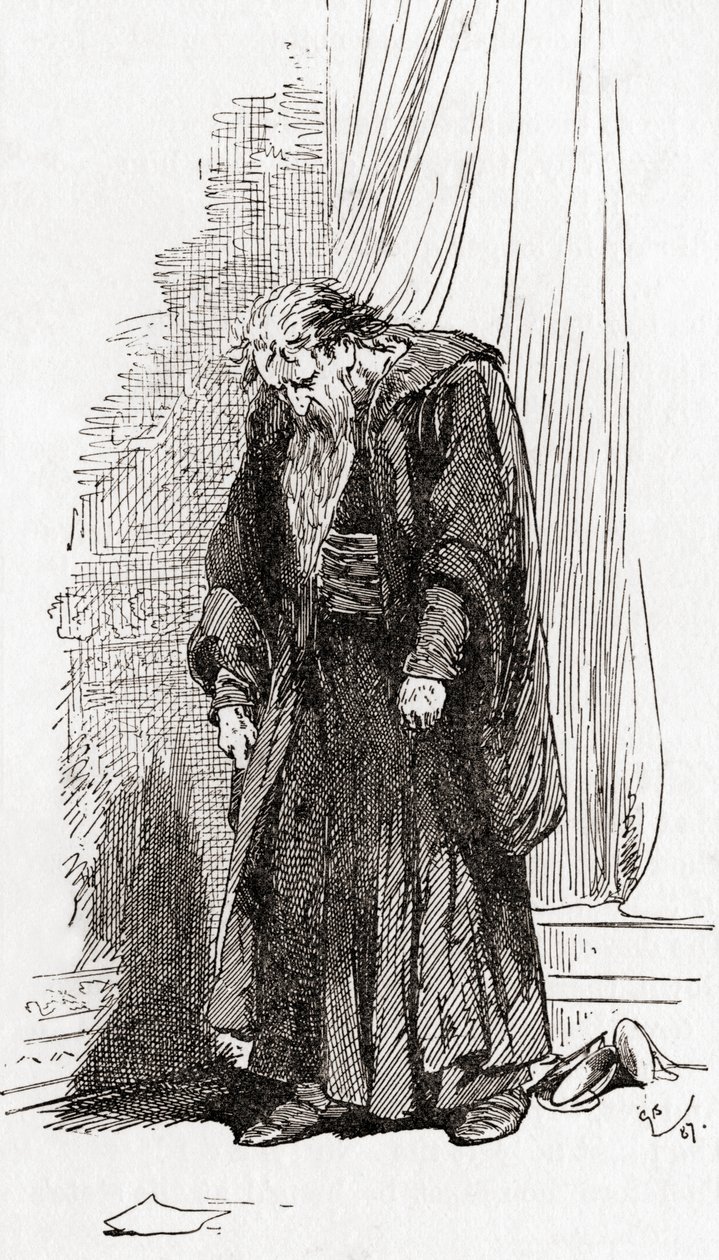 Scena z Williama Szekspira gra Kupca weneckiego, akt IV, scena 1, Shylock: Proszę cię, daj mi pozwolenie na odejście stąd. Nie czuję się dobrze, z The Works of William Shakespeare, opublikowanej 1896 (e autorstwa Gordon Frederick Browne