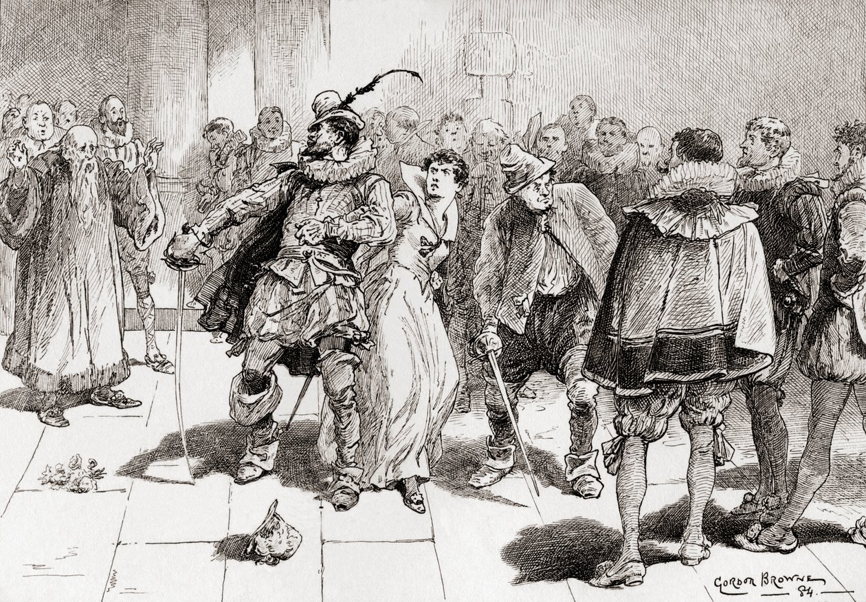Petruchio: Nie bój się, słodka dziewczyno, nie dotkną cię Kate, kiepski puklerz przeciwko milionowi, Scena ze sztuki Williama Szekspira Poskromienie złośnicy, Akt III, Scena 2, z Dzieł autorstwa Gordon Frederick Browne