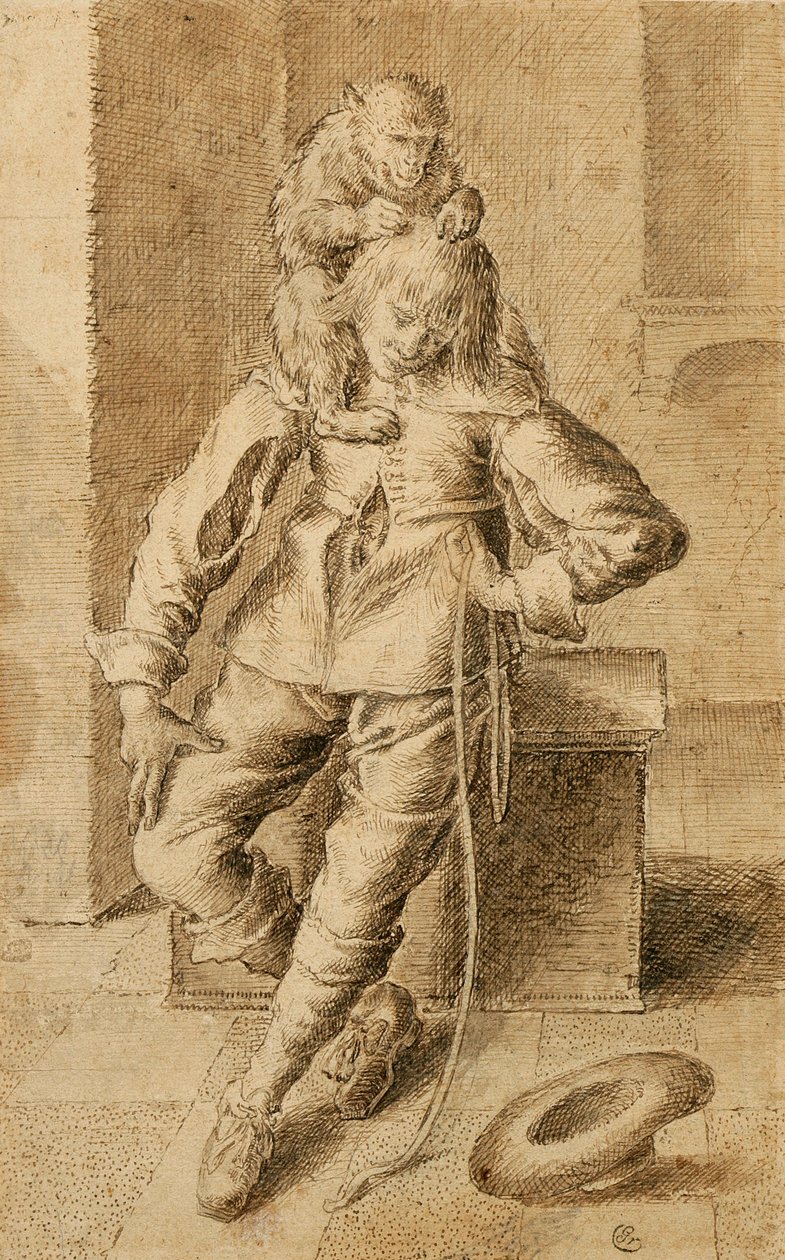 Kawaler z małpą (brązowy tusz i bistre na beżowym papierze) autorstwa Gottfried Libalt