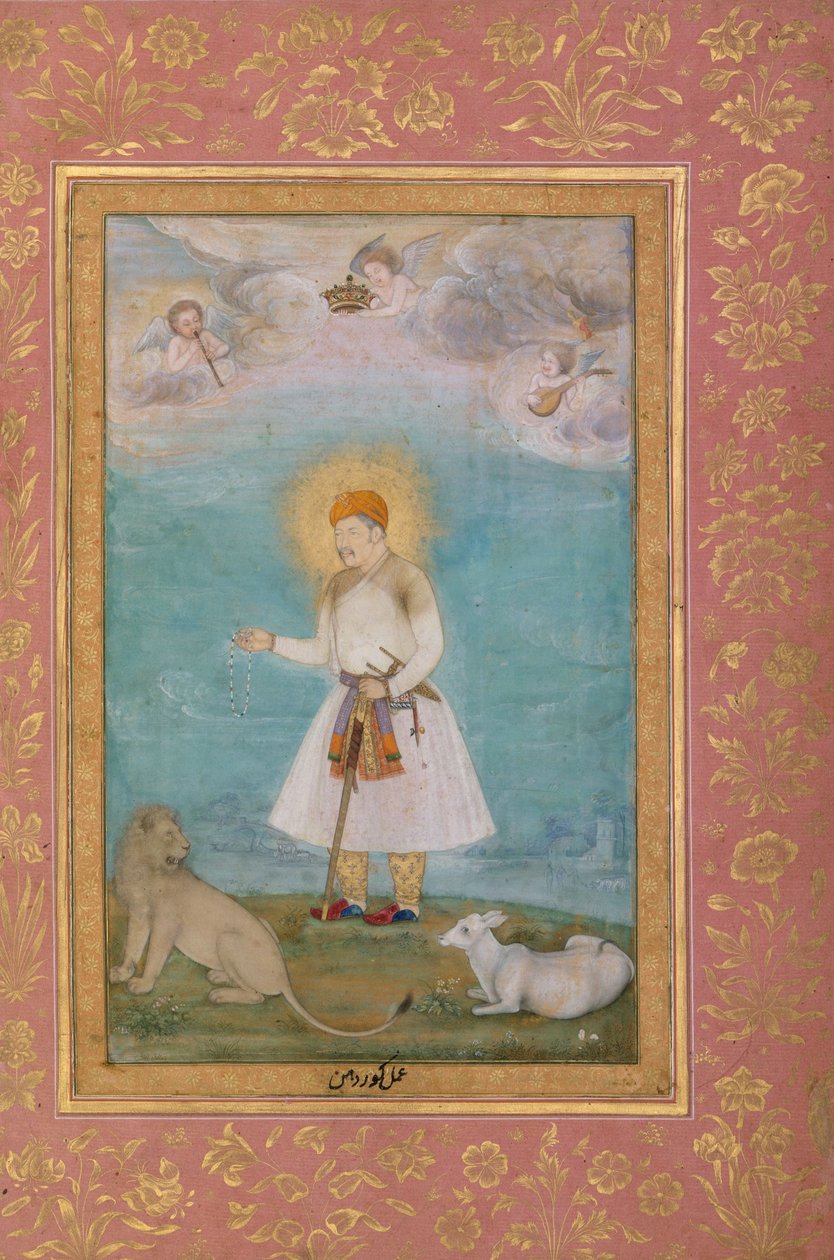 Akbar z lwem i cielęciem, ok. 1630 autorstwa Govardhan