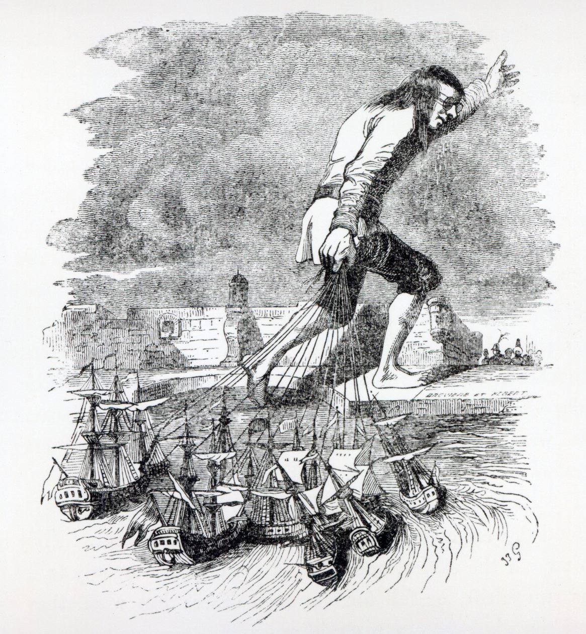 Guliwer kradnący flotę Blefuscudian, ilustracja z „Gullivers Travels” Jonathana Swifta, 1838 autorstwa Grandville