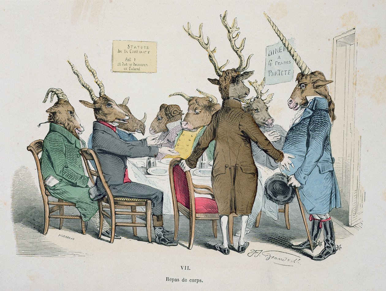 Repas de Corps, karykatura z serii „Les Metamorphoses du Jour”, przedruk 1854 autorstwa Grandville