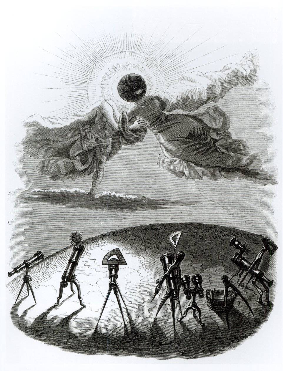 „The Sun Embraces the Moon: Eclipse of the Sun”, ilustracja z „Un Autre Monde”, opublikowanej przez H. Fourniera w Paryżu w 1844 r. autorstwa Grandville