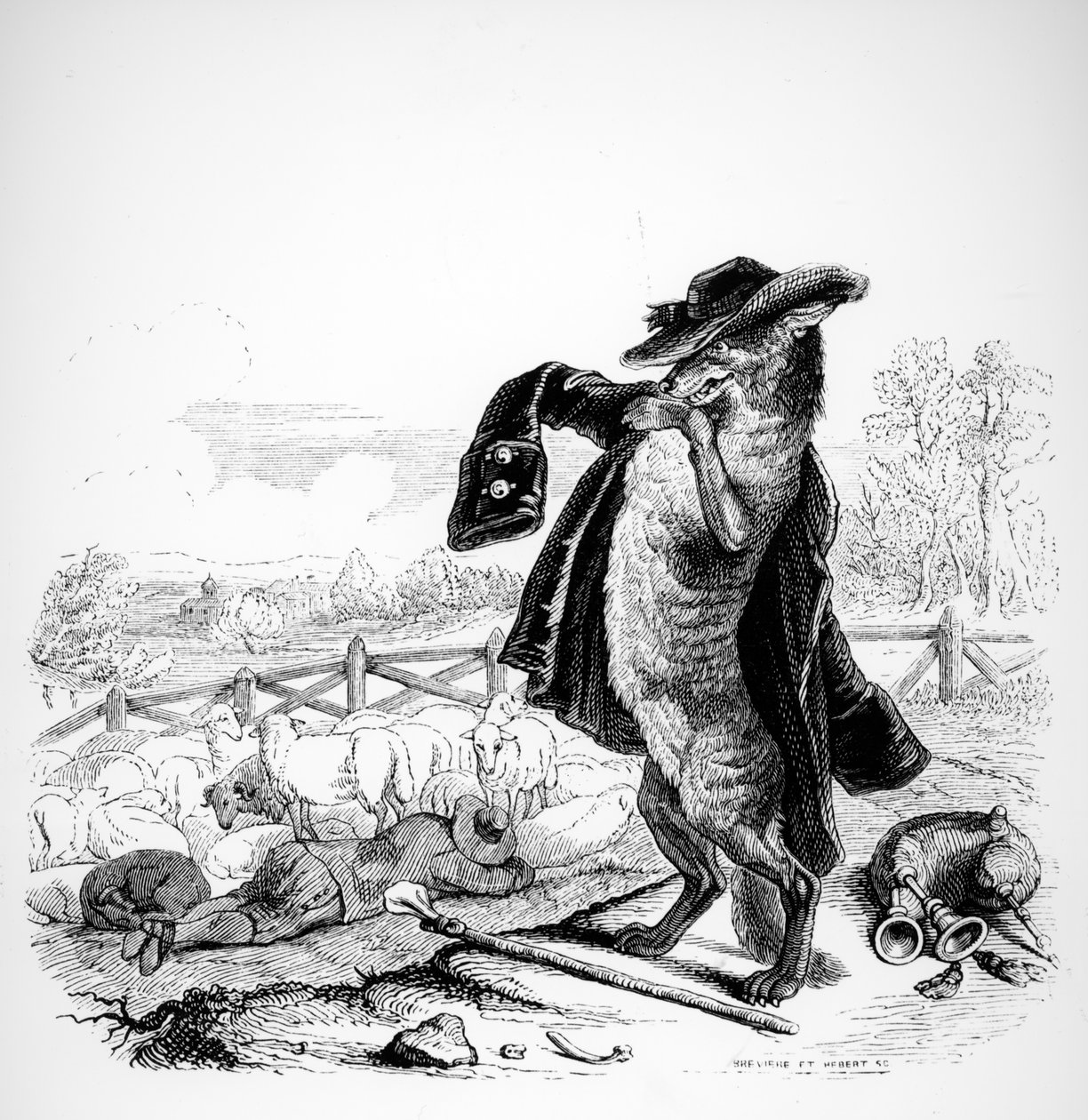 Wilk stał się pasterzem, ilustracja do „Bajek” La Fontaine (1621-95), wyd. H. Fournier Aine, 1838 autorstwa Grandville
