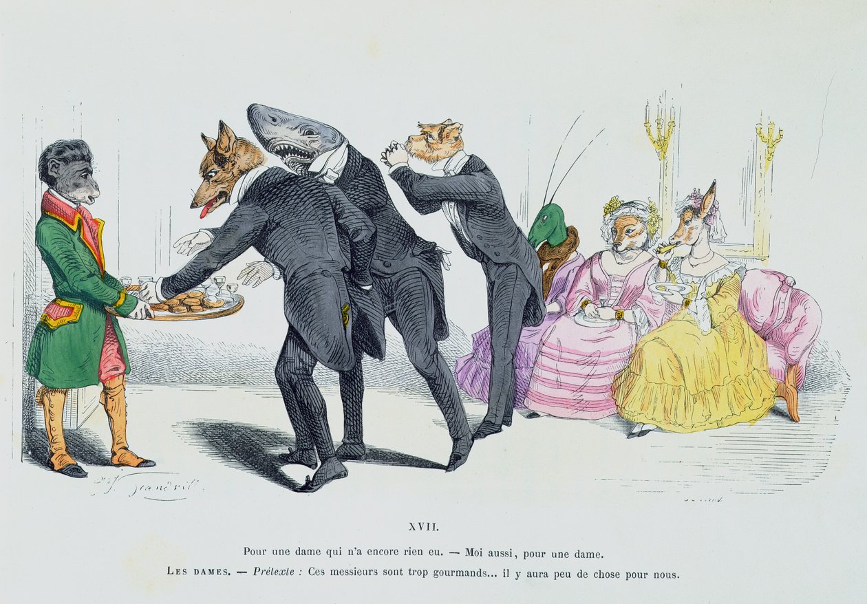 „Ci panowie są tacy chciwi...”, karykatura z serii „Les Metamorphoses du Jour”, przedruk 1854 autorstwa Grandville