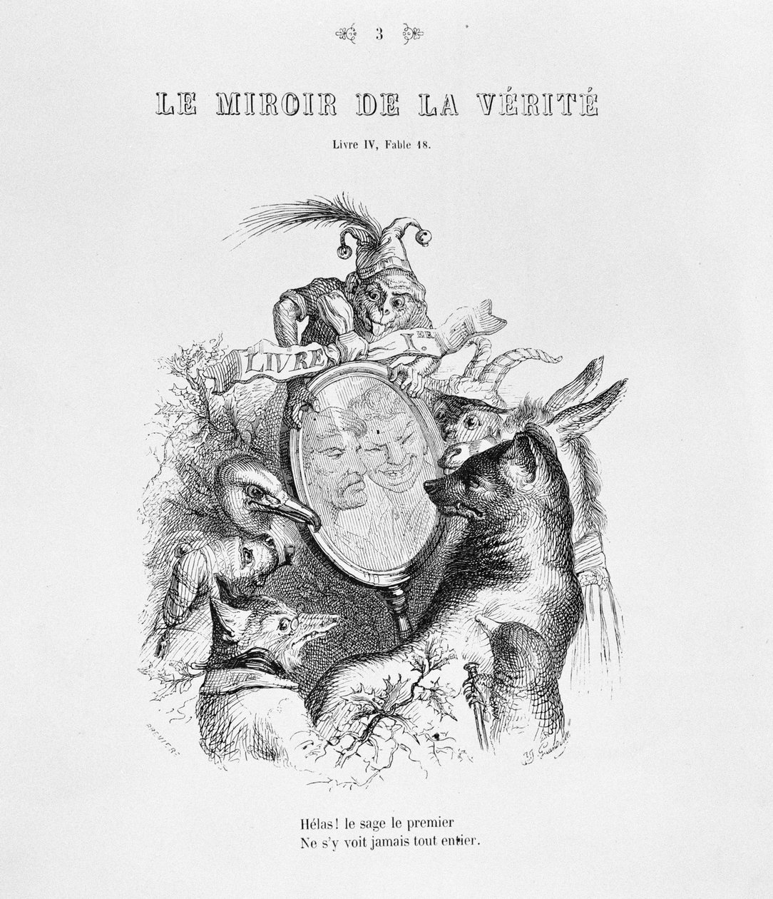 Strona tytułowa „Bajek” Jean-Pierre Claris de Florian (1755-94) z „Le Miroir de la Verite” autorstwa Grandville