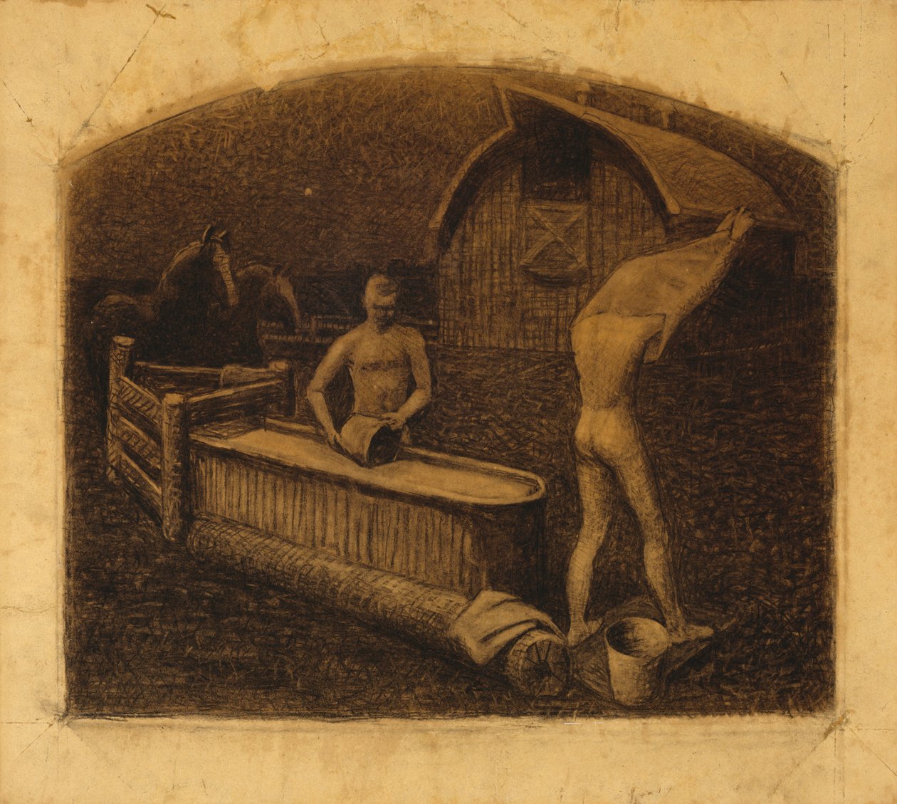 Kąpiel sobotniej nocy, 1937 (węgiel na papierze) autorstwa Grant Wood