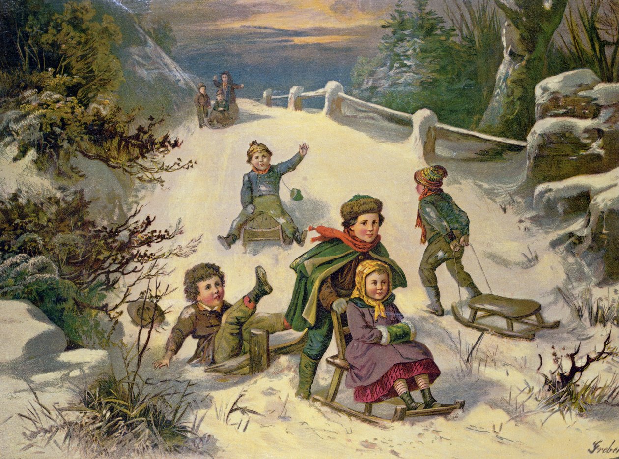 Jazda na sankach i snowballing, XIX wiek (oleograf) autorstwa Greben