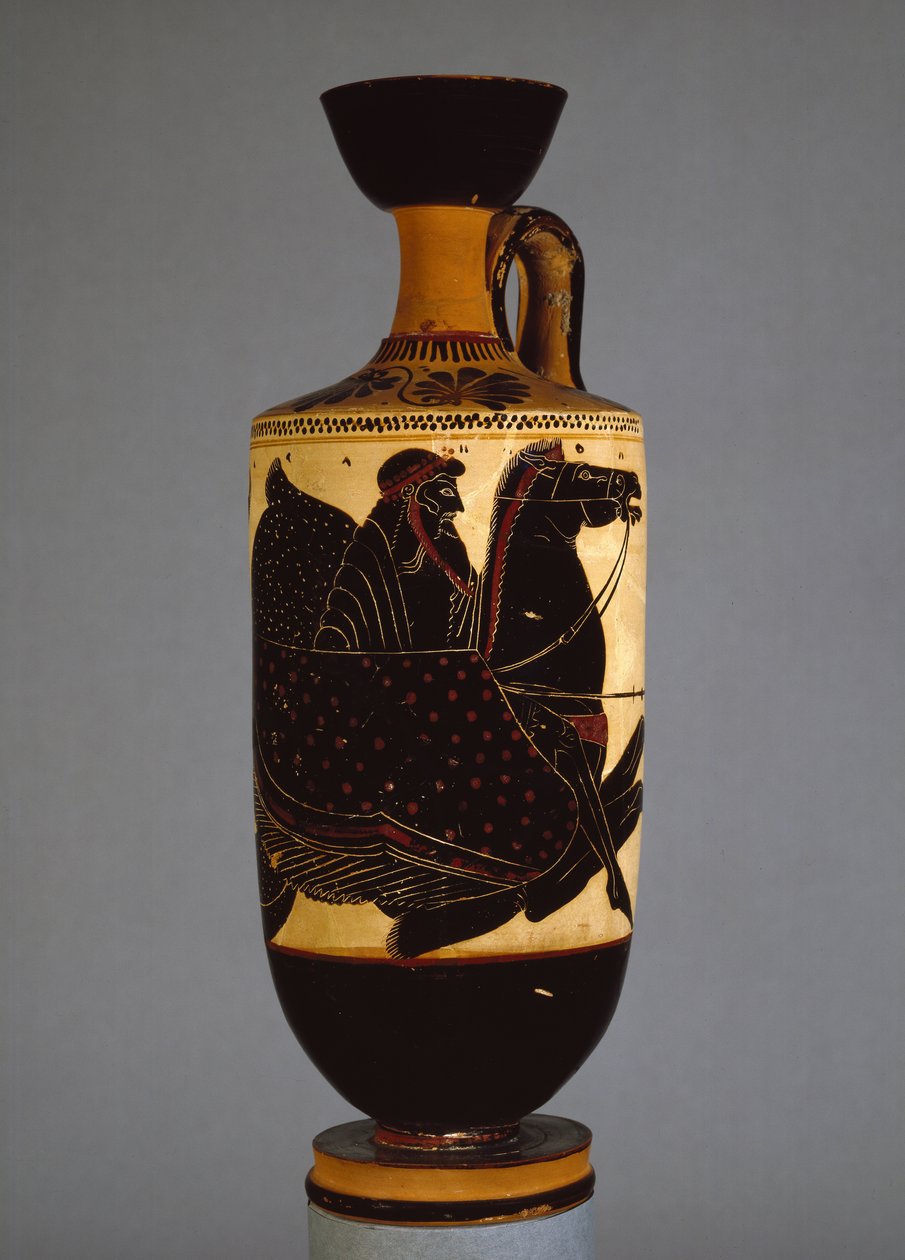 Strychowy czarnofigurowy lekythos przedstawiający Posejdona, VI-V w. p.n.e. (ceramika) autorstwa Greek