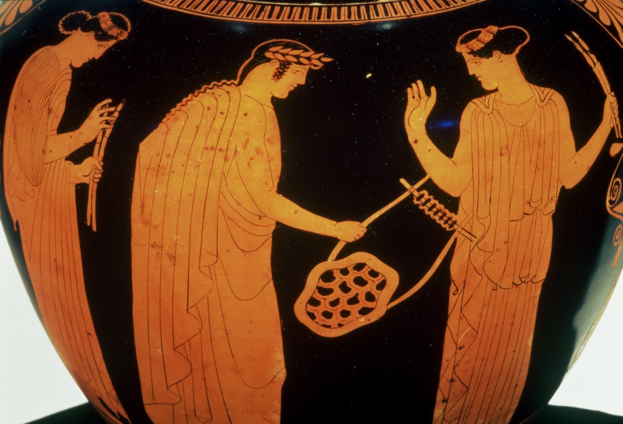Attycka hydria z czerwoną figurą, ozdobiona opowieścią o Thamyrisie, trackim bardem, ok. 440-420 p.n.e. (ceramika) autorstwa Greek