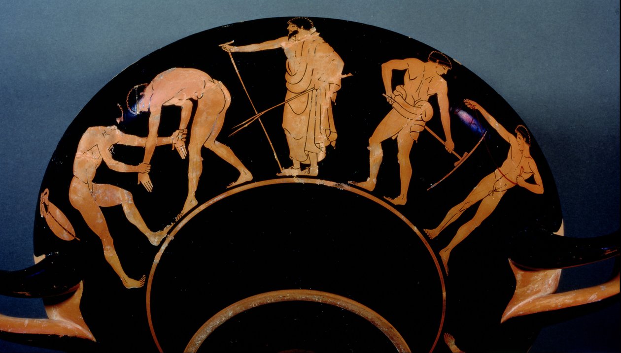 Attycki kylix z czerwoną figurą przedstawiający trenujących atletów (ceramika) (zob. także 103375) autorstwa Greek