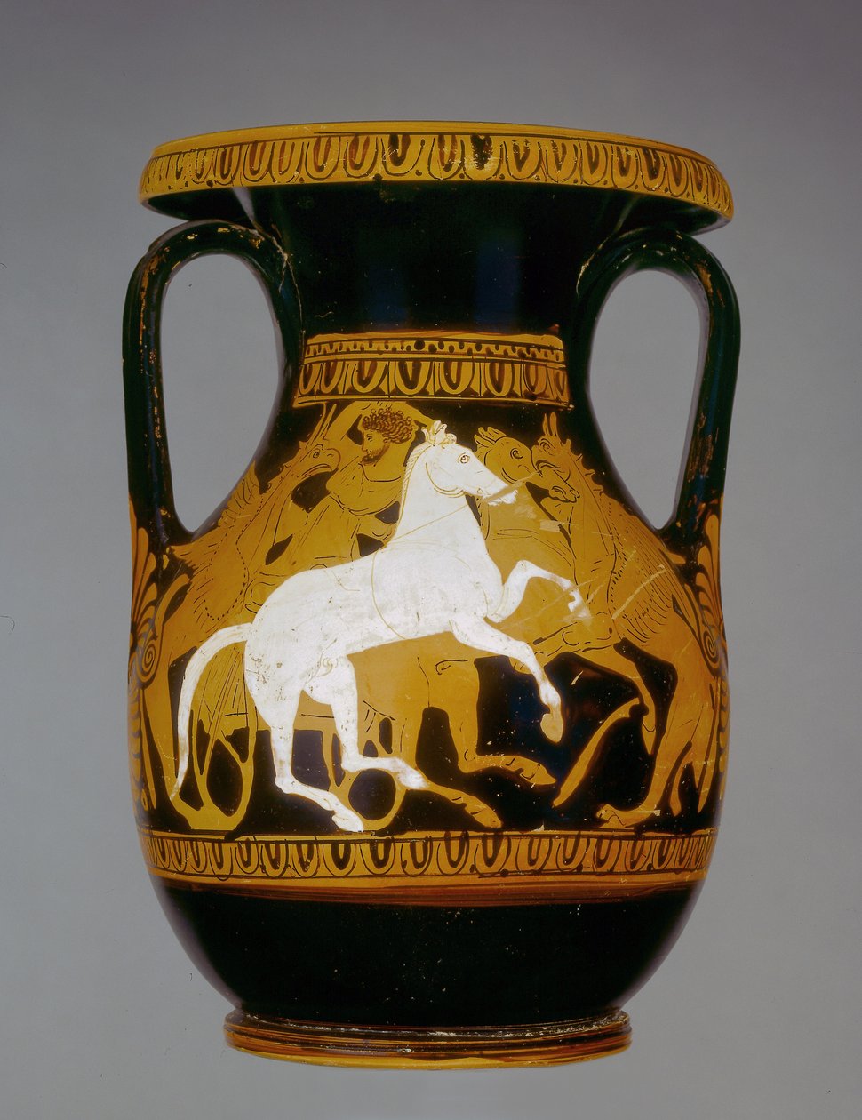 Czerwonofigurowy pelike strychowy ozdobiony końmi atakowanymi przez gryfy, znaleziony w Atenach, IV w. p.n.e. (ceramika) autorstwa Greek