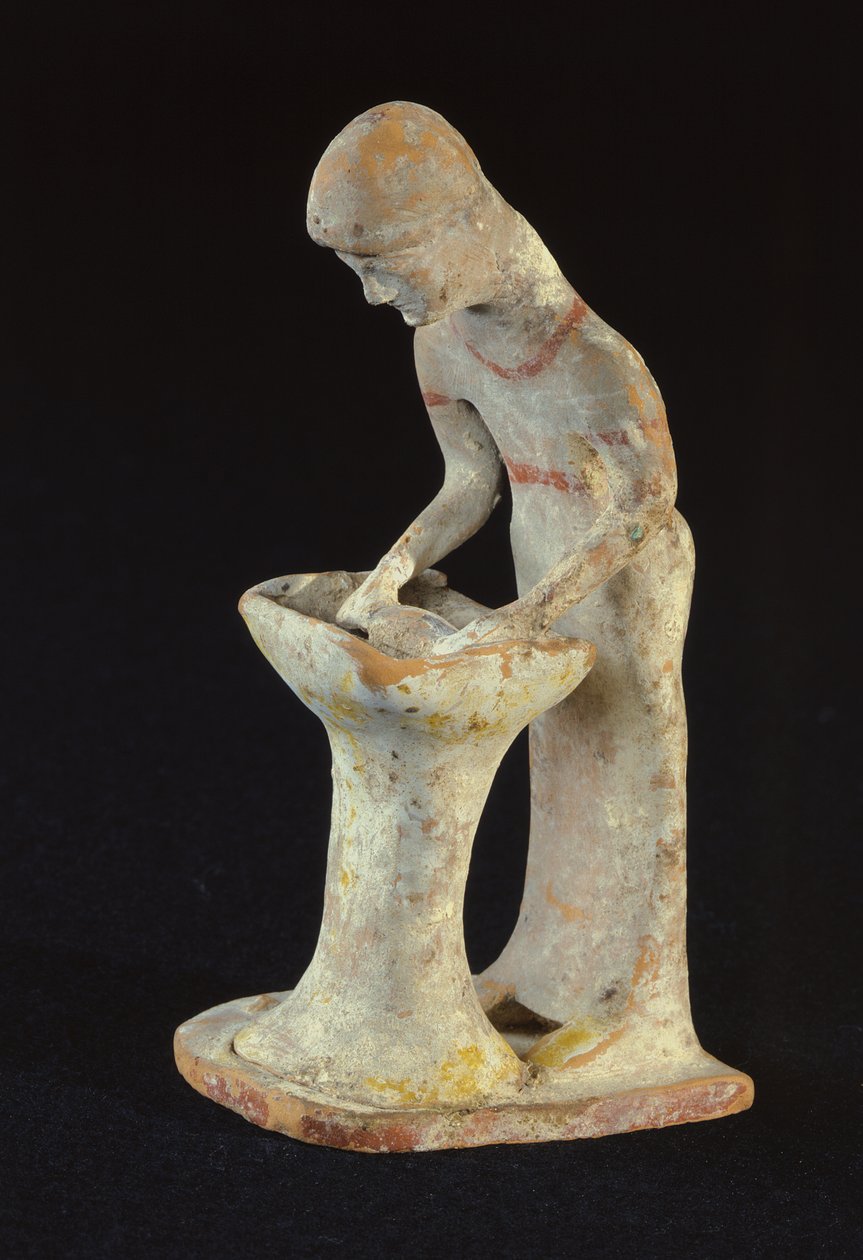 Statuetka kobiety toczącej ciasto, z Tanagry, Beocja (glina) autorstwa Greek