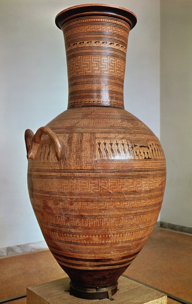 Amfora Dipylon, urna pogrzebowa w stylu geometrycznym z nekropolii Kerameikos, Ateny, ok. 750 p.n.e. (terakota) (zob. też 88063) autorstwa Greek