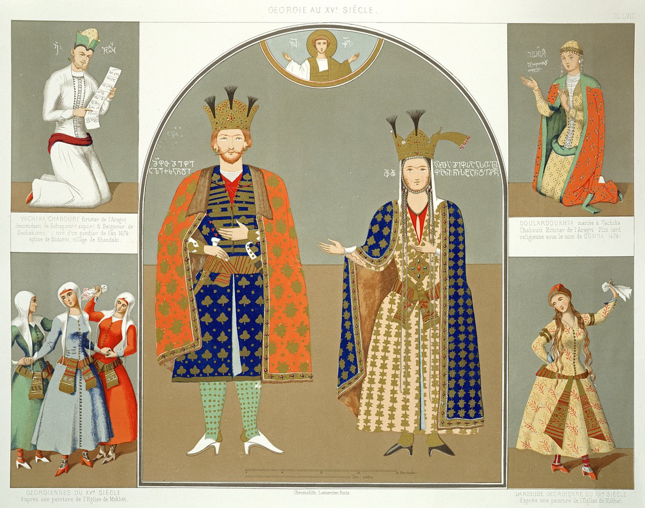 Gruzja w XV wieku: król Aleksander I (1412–42) i królowa Nestane-Dared, tablica 58 z „Le Caucase pittoresque, dessine apres nature” z tekstem hrabiego Ernesta Stackelberga, opublikowana 1847 (kol. autorstwa Grigori Grigorevich Gagarin