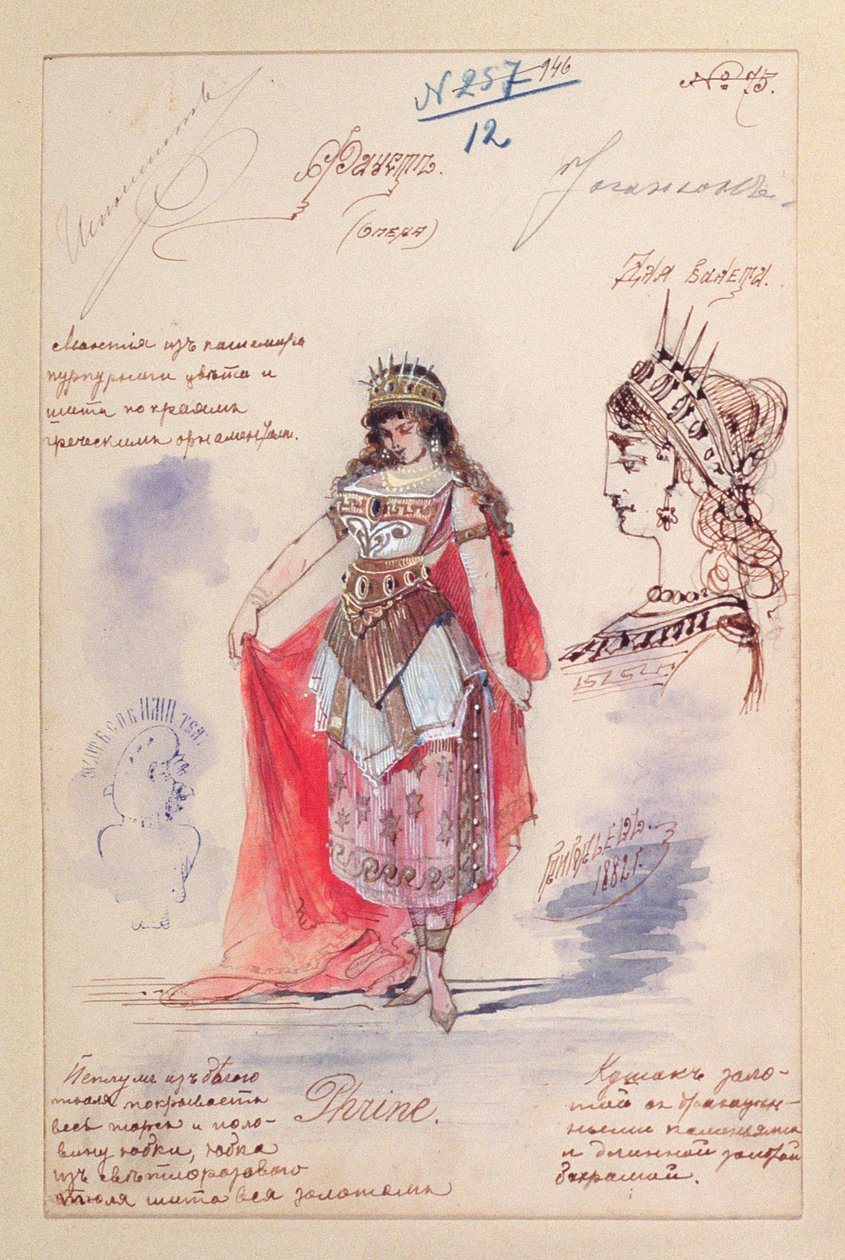 Чарльз Гунодын (1818-93) "Фауст" дуурийн Фринийн дүрд зориулсан хувцасны загвар, 1882 (цаасан дээрх гуаш болон үзэг)поли autorstwa Grigoriev