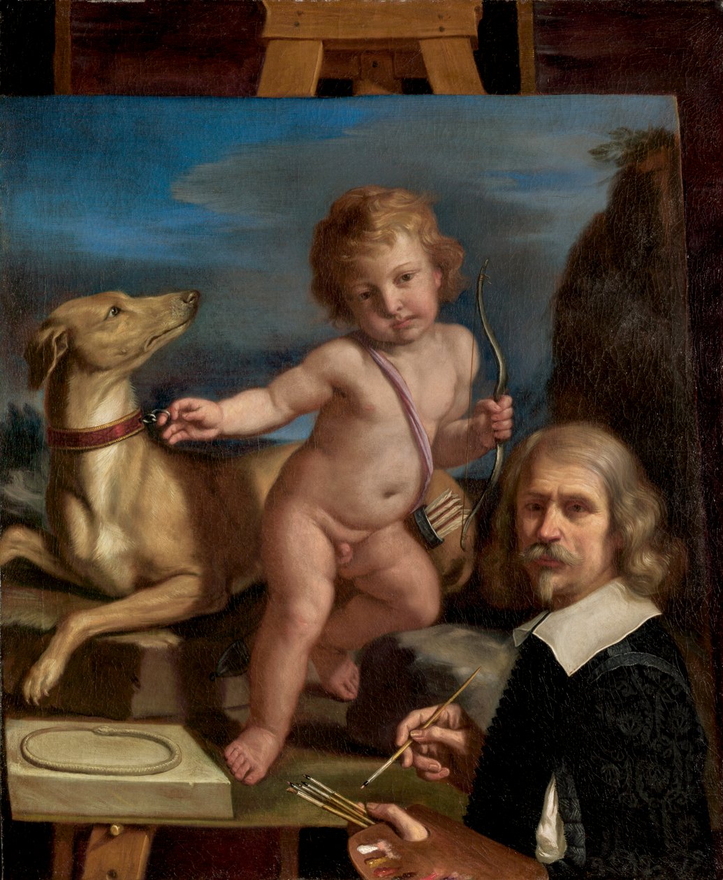 Autoportret przed obrazem zbroi Fedele, 1655 autorstwa Giovanni Francesco Barbieri