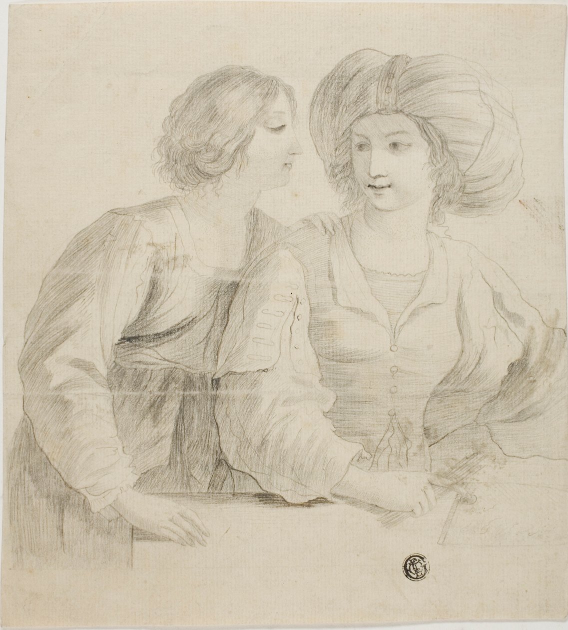 Dwie młode kobiety, jedna w turbanie, w rozmowie autorstwa Guercino