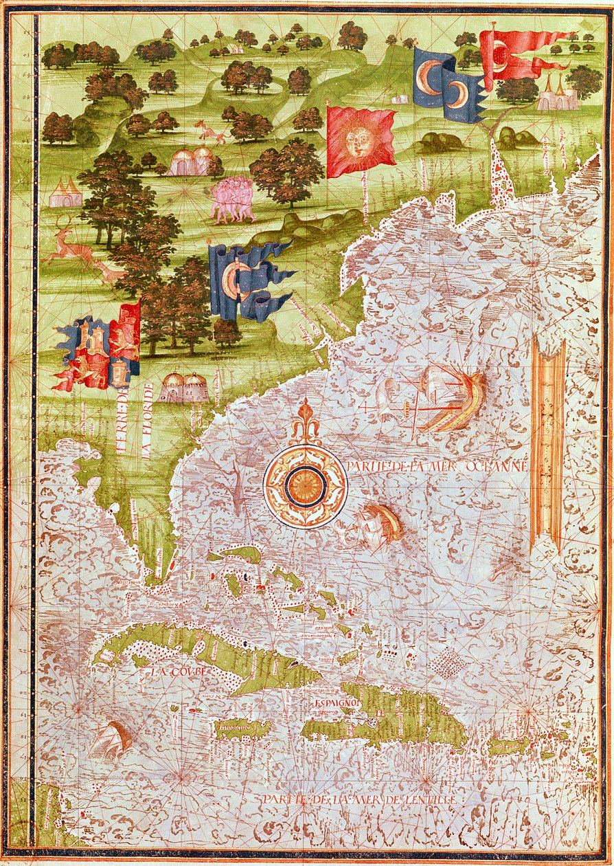 F.52v Mapa Florydy i Antyli, z „Cosmographia Universelle”, 1555 autorstwa Guillaume Le Testu