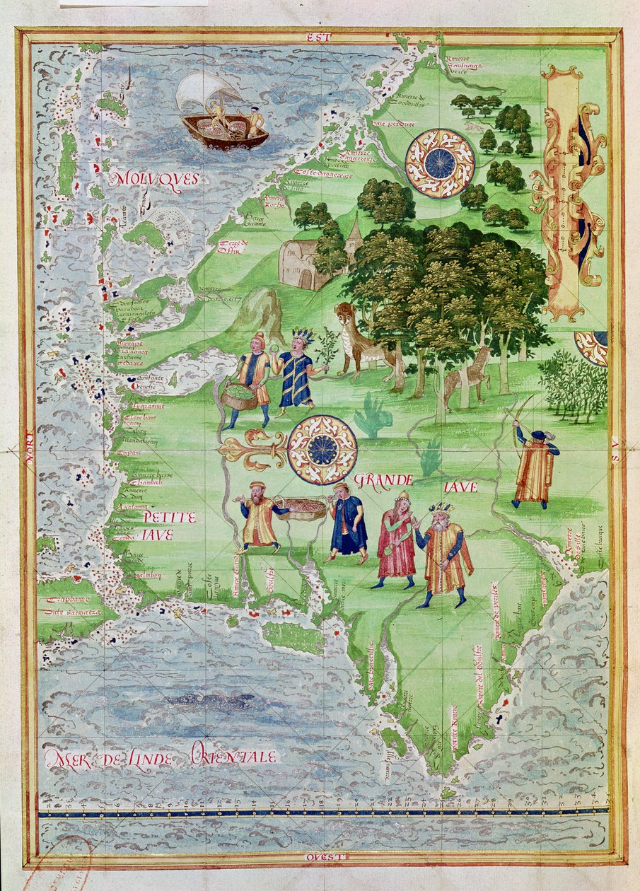 Fol.32v Handel przyprawami w Moloccas, z „Cosmographie Universelle”, 1555 autorstwa Guillaume Le Testu