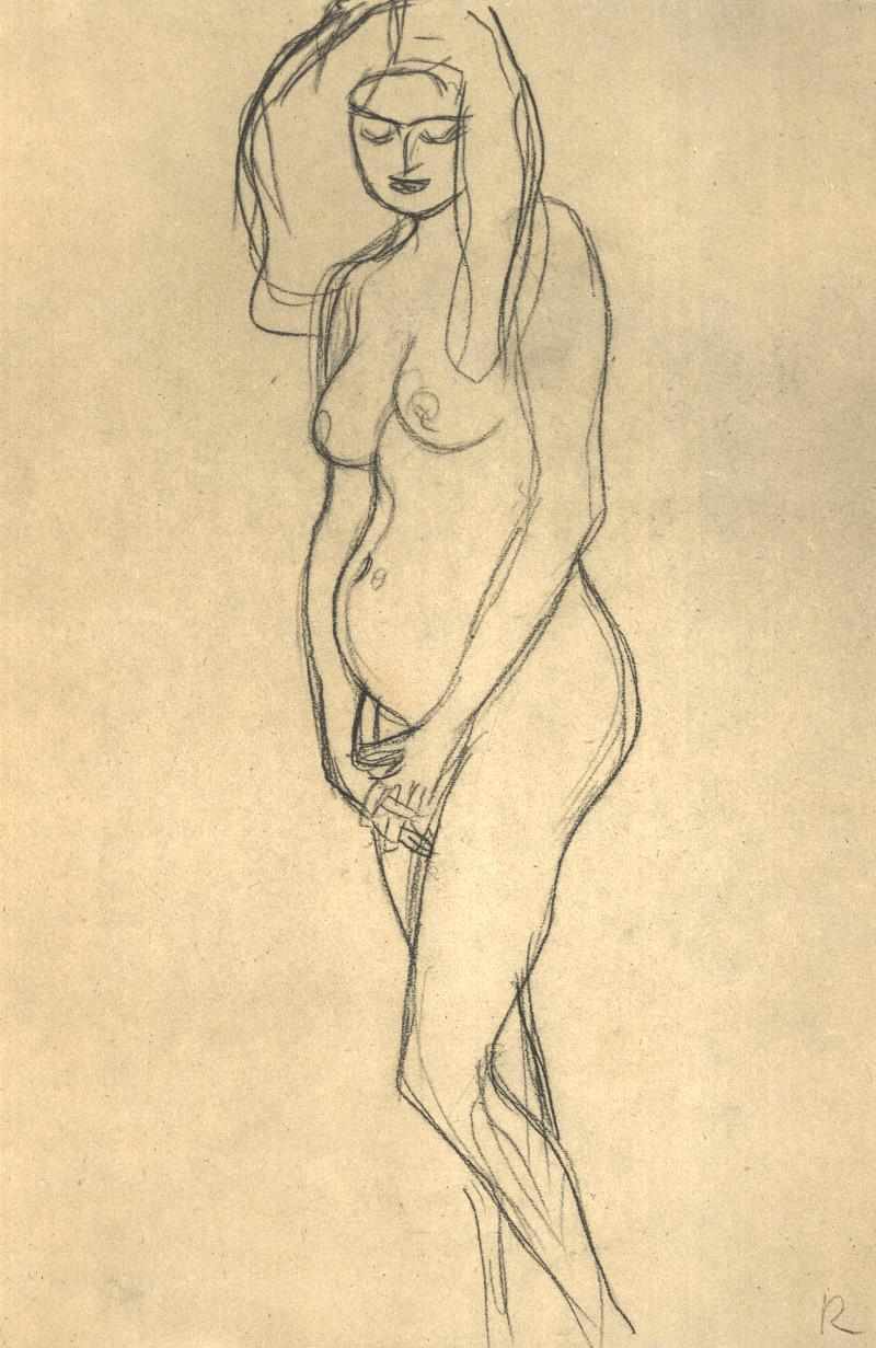 Naga ciężarna kobieta po lewej autorstwa Gustav Klimt