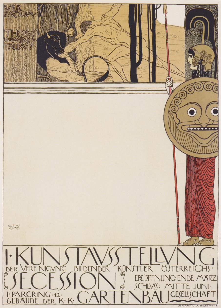 Pierwszy plakat wystawowy dla Secesji Wiedeńskiej (wersja ocenzurowana) autorstwa Gustav Klimt