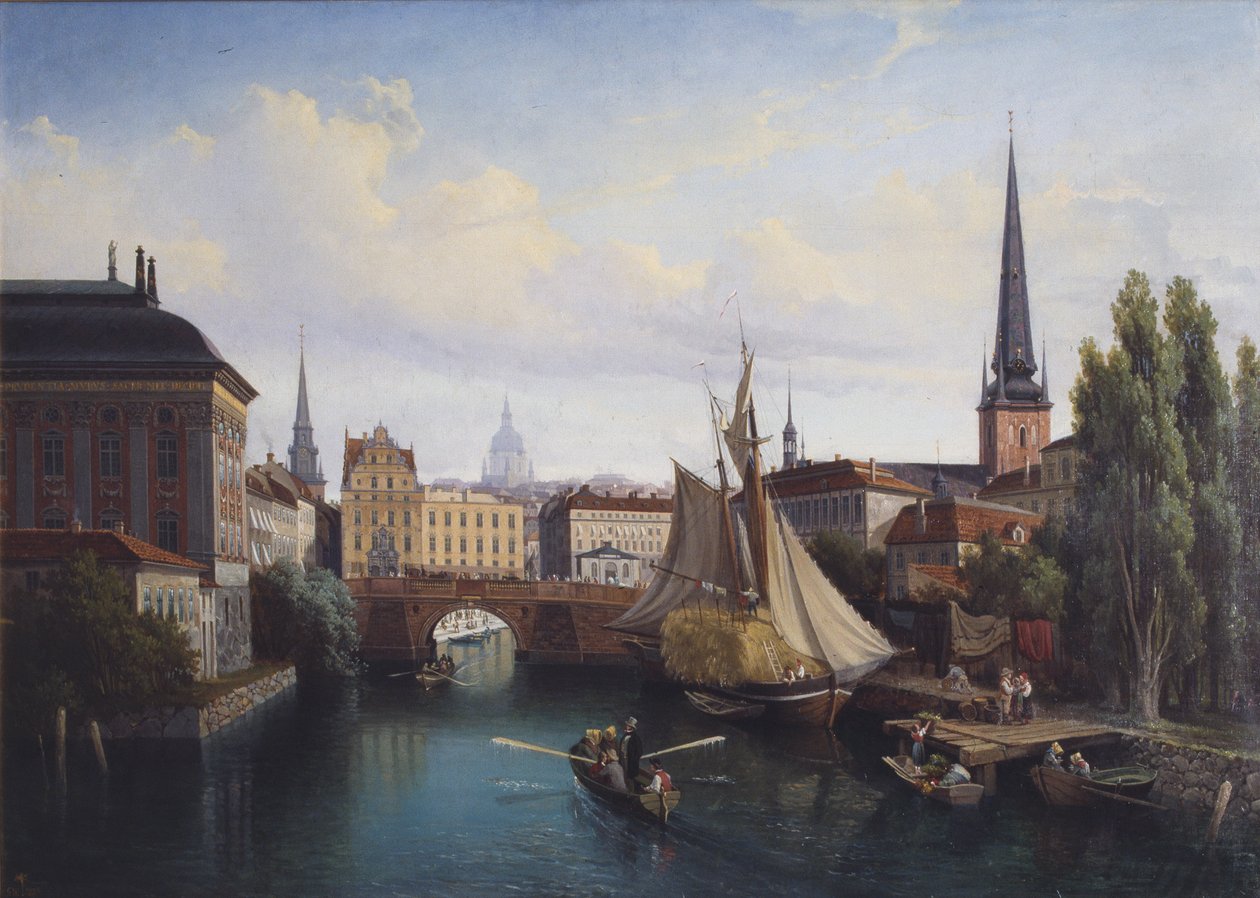 Widok na kanał Riddarholmskanalen, Sztokholm w 1835 r., 1880 r. autorstwa Gustaf Wilhelm Palm