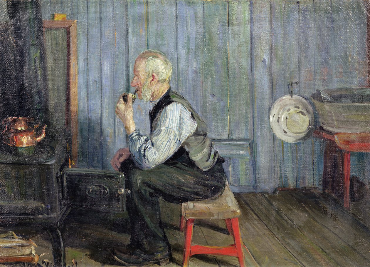 Mężczyzna w niebieskiej kuchni (olej na płótnie) autorstwa Gustav Wentzel
