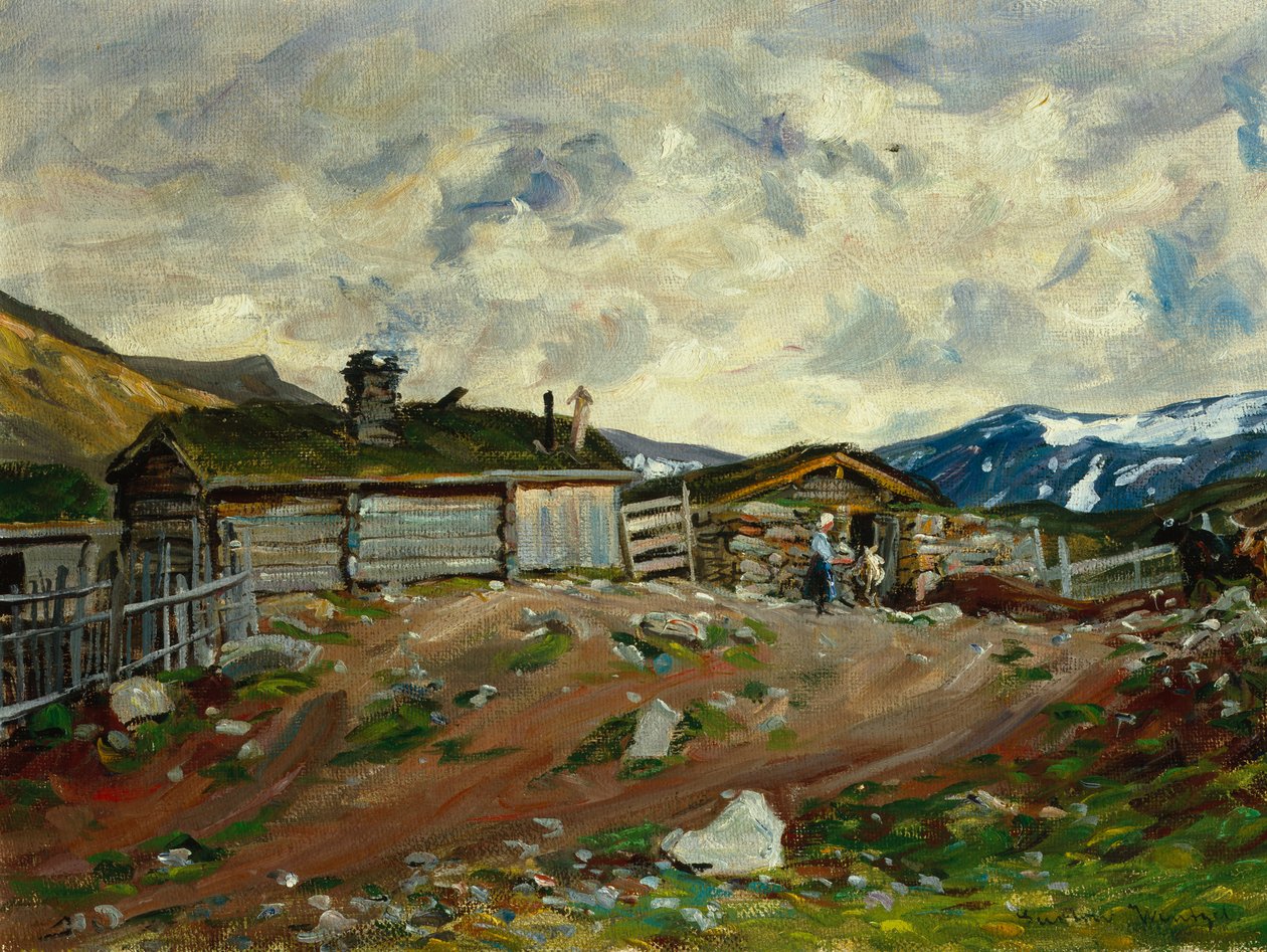 Górska farma z kobietą i krową autorstwa Gustav Wentzel