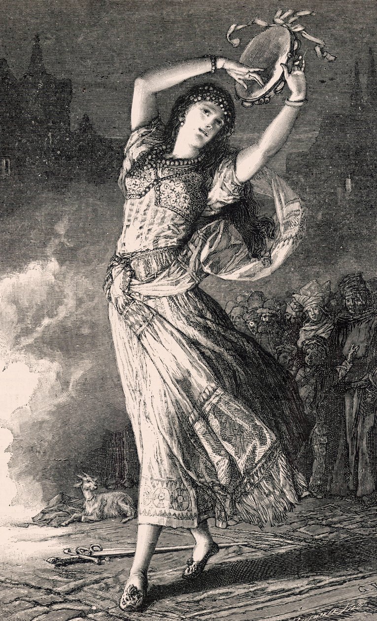 La Esmeralda - ilustracja z Notre Dame de Paris, XIX wiek (rycina bw) autorstwa Gustave Brion
