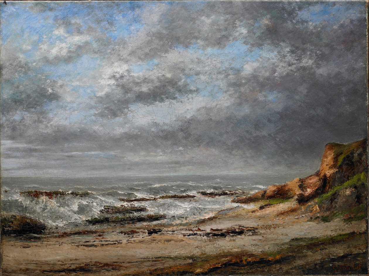 Widok na wzburzone morze w pobliżu klifu? autorstwa Gustave Courbet