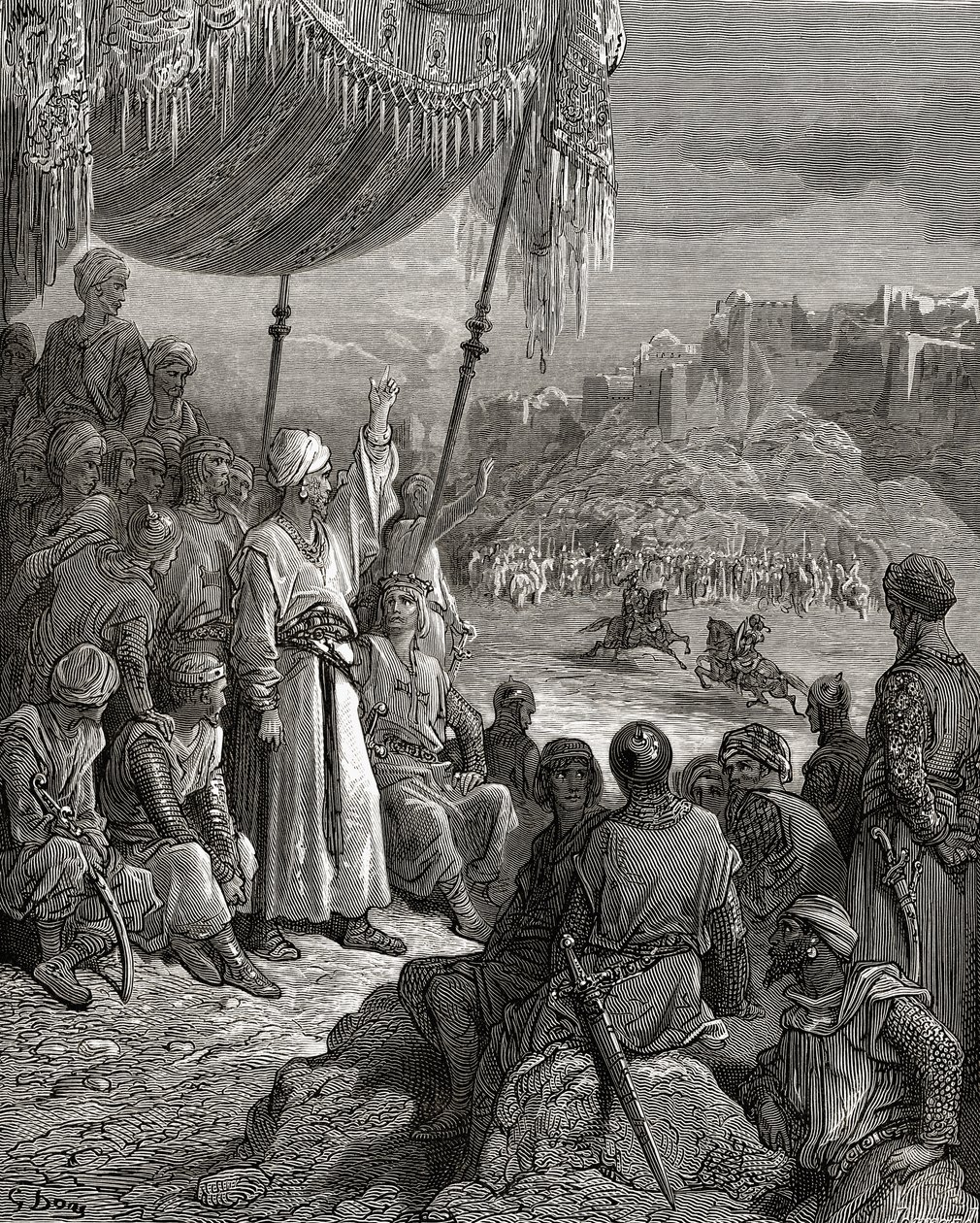 Turniej towarzyski podczas trzeciej krucjaty w 1189 r., ilustracja z „Bibliotheque des Croisades” J-F. Michaud, 1877 r. autorstwa Gustave Dore