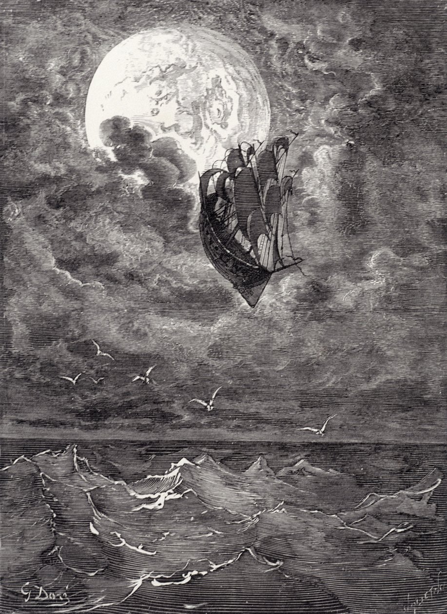 Podróż na Księżyc, z "Przygód barona Munchausena" Rudolpha Ericha Raspe, rytował Auguste Joliet, ok. 1868 r. autorstwa Gustave Dore
