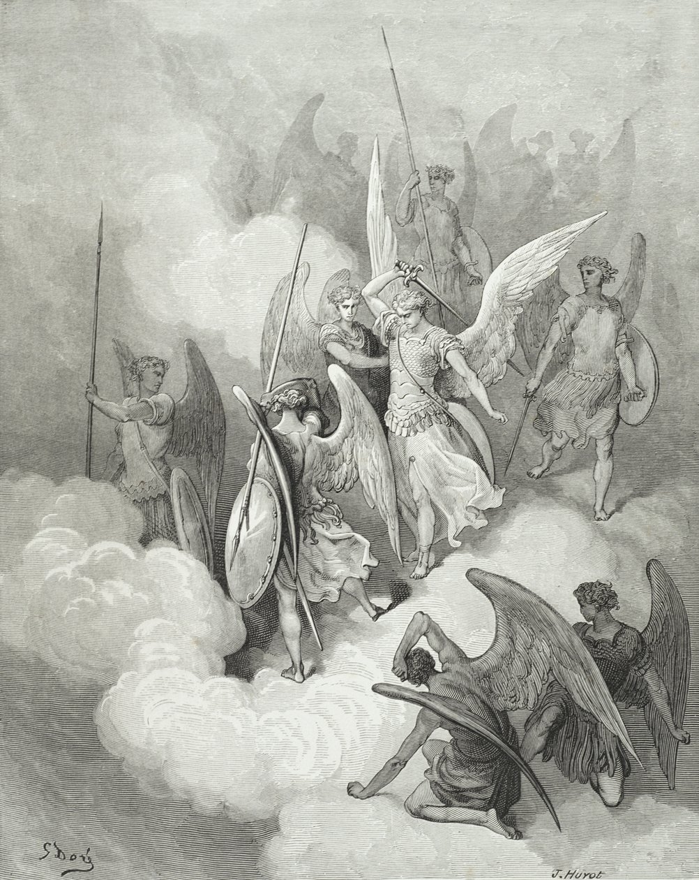 Abdiel i Szatan, z „Raju utraconego” Johna Miltona (1608-74), rytego przez Huyota, c.1868 autorstwa Gustave Dore