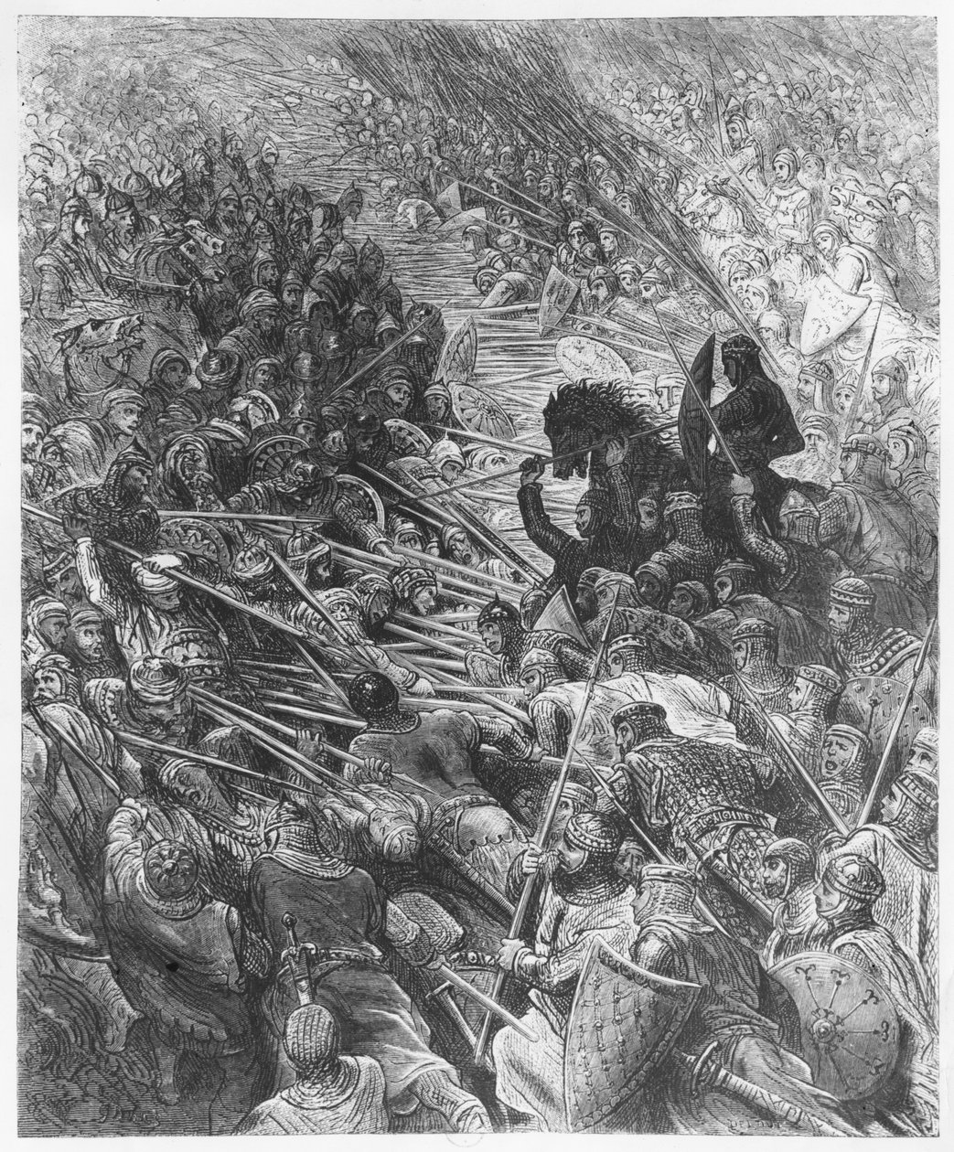 Scena batalistyczna, ilustracja z „Orlando Furioso” Ludovico Ariosto (1474-1533) sztychowana przez Jean Francois Prosper Delduc (zm. 1885) autorstwa Gustave Dore