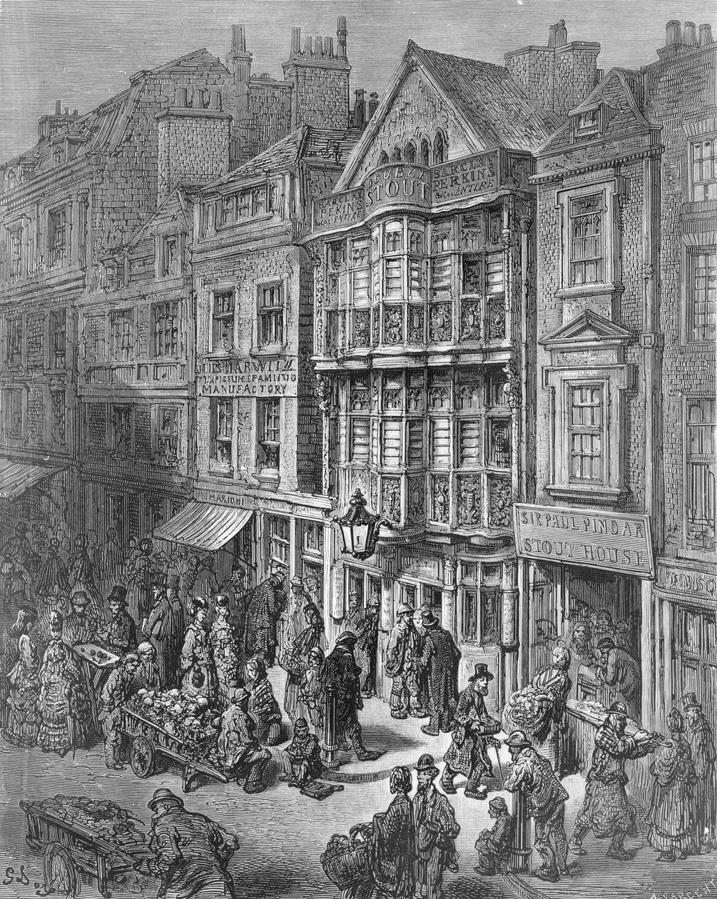 Bishopsgate Street, z „Londyn, pielgrzymka”, napisana przez Williama Blancharda Jerrolda (1826-94) i grawerowana przez A. Sargenta, wyd. 1872 autorstwa Gustave Dore