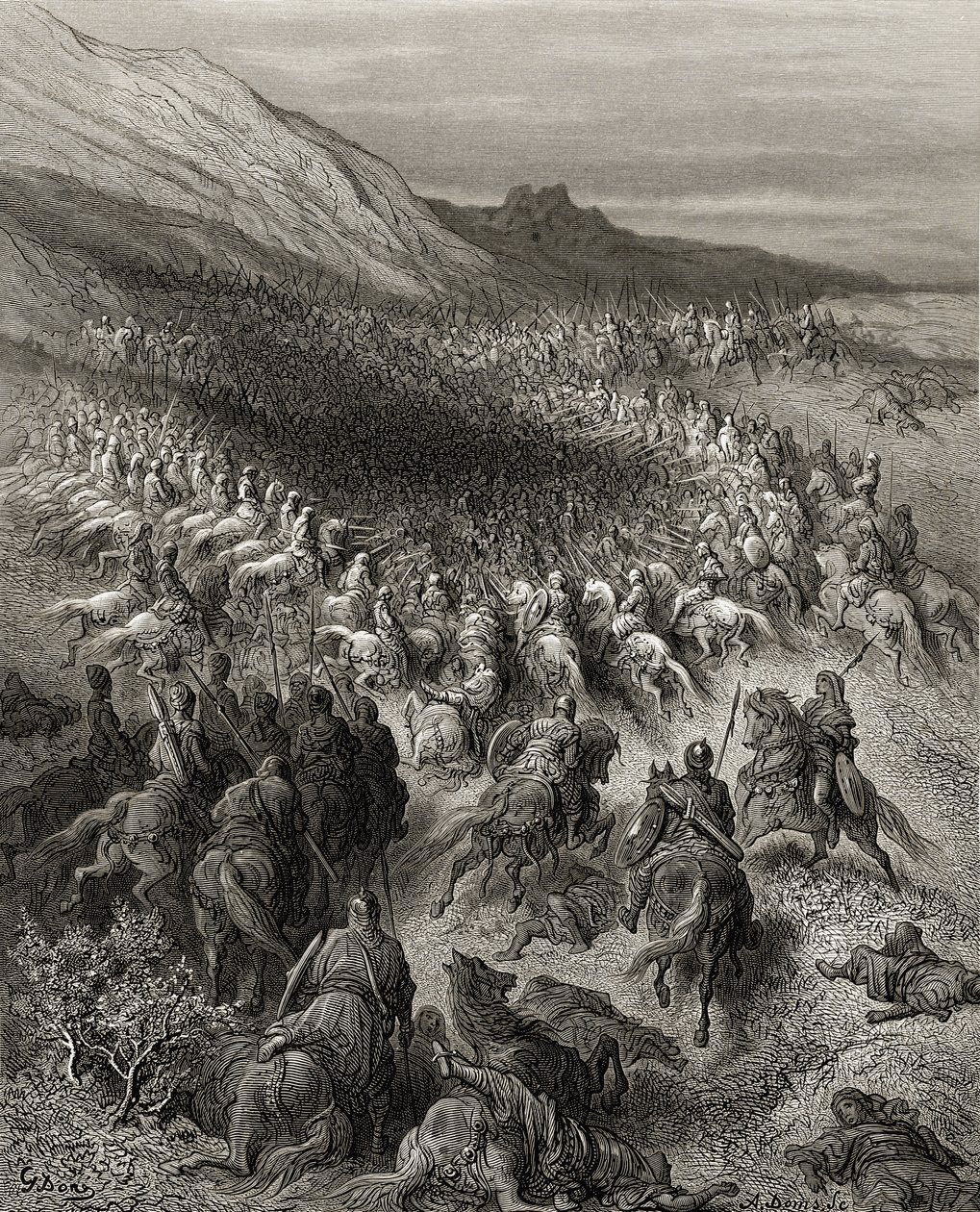 Krzyżowcy otoczeni przez wojska Saladyna (1137-93), ilustracja z „Bibliotheque des Croisades” J-F. Michaud, 1877 r. autorstwa Gustave Dore