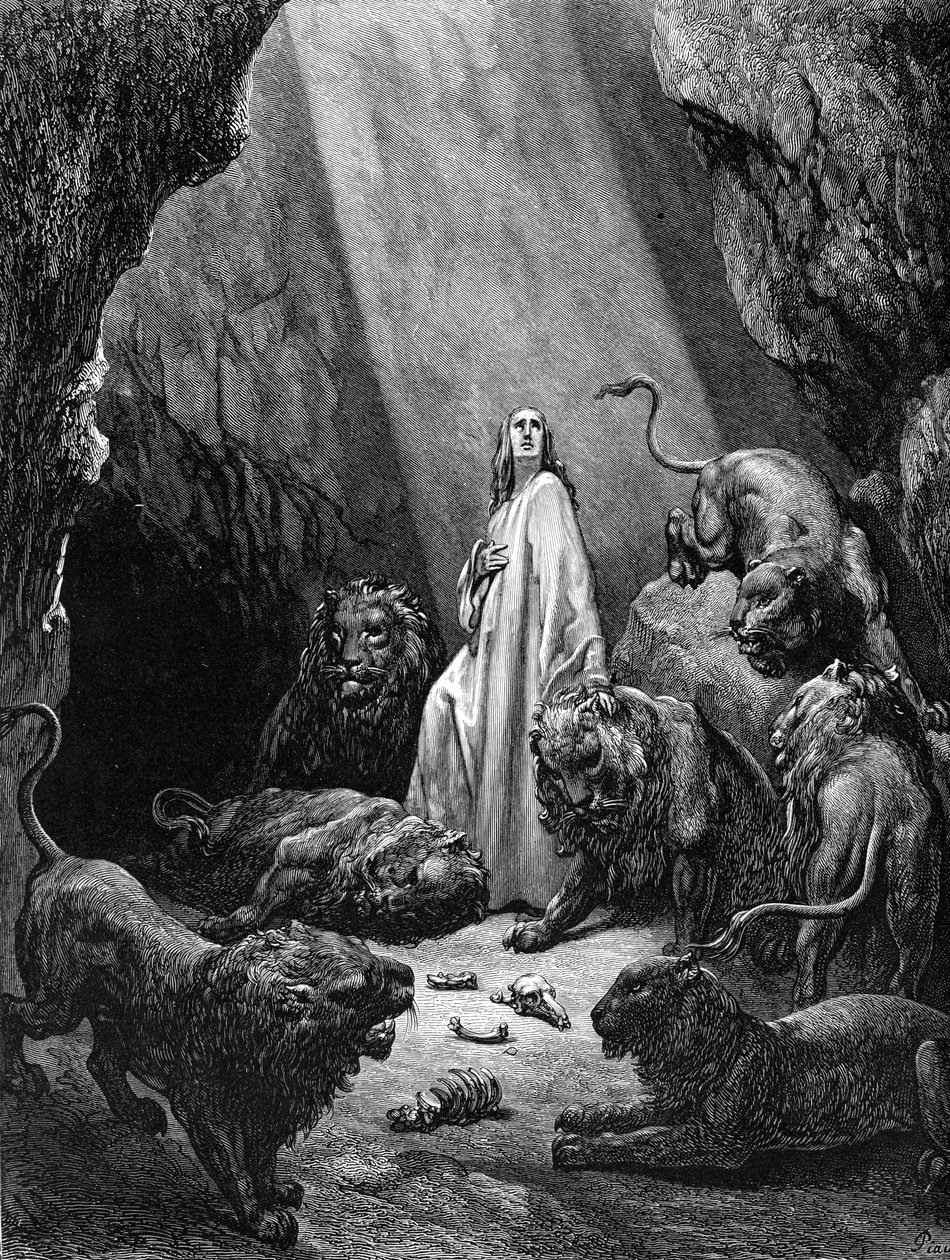 Daniel w jaskini lwów, rycina Doré. - Biblia autorstwa Gustave Dore