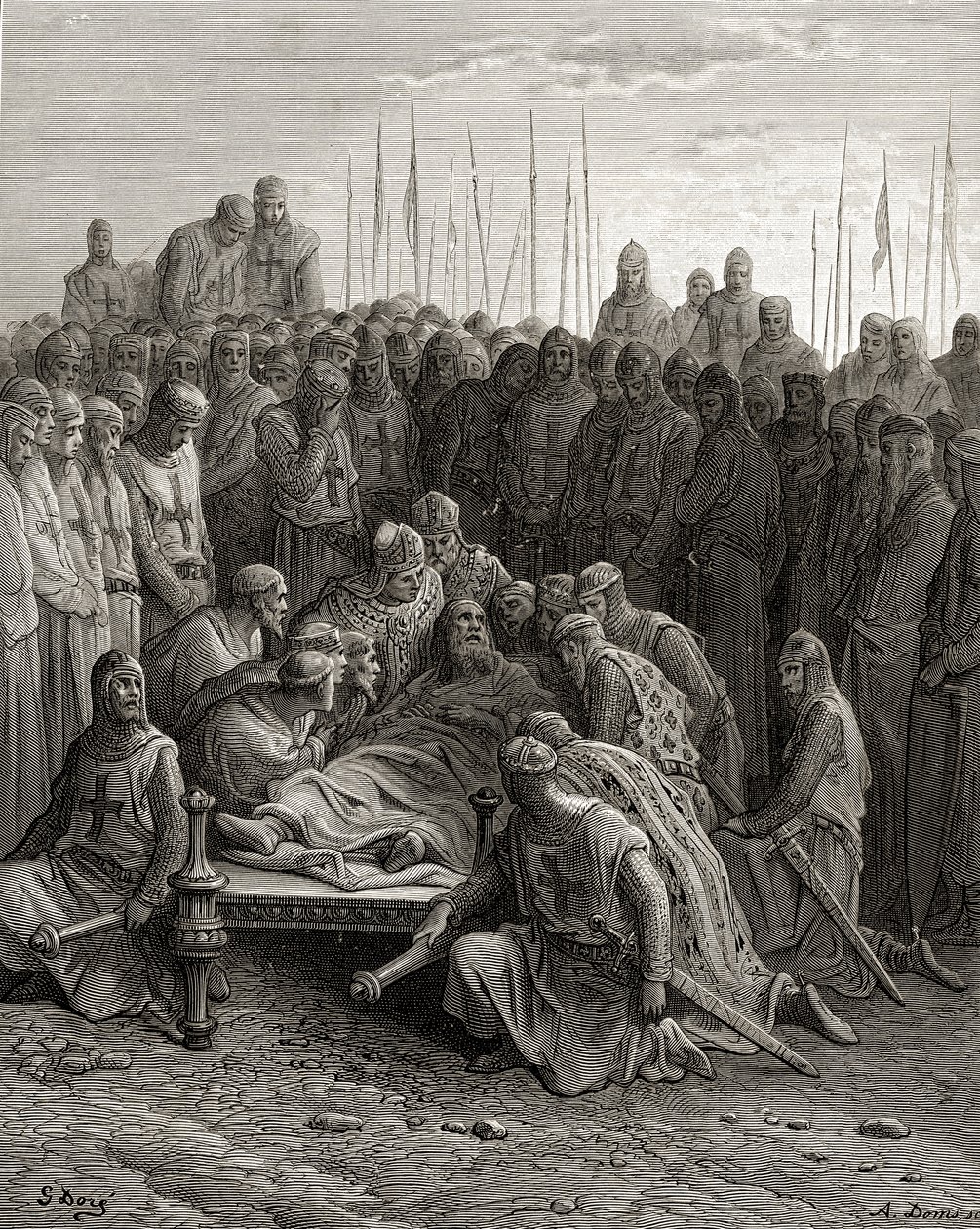 Śmierć Baldwina I (1171-1205) łacińskiego króla Jerozolimy, ilustracja z "Bibliotheque des Croisades" J-F. Michaud, 1877 r. autorstwa Gustave Dore