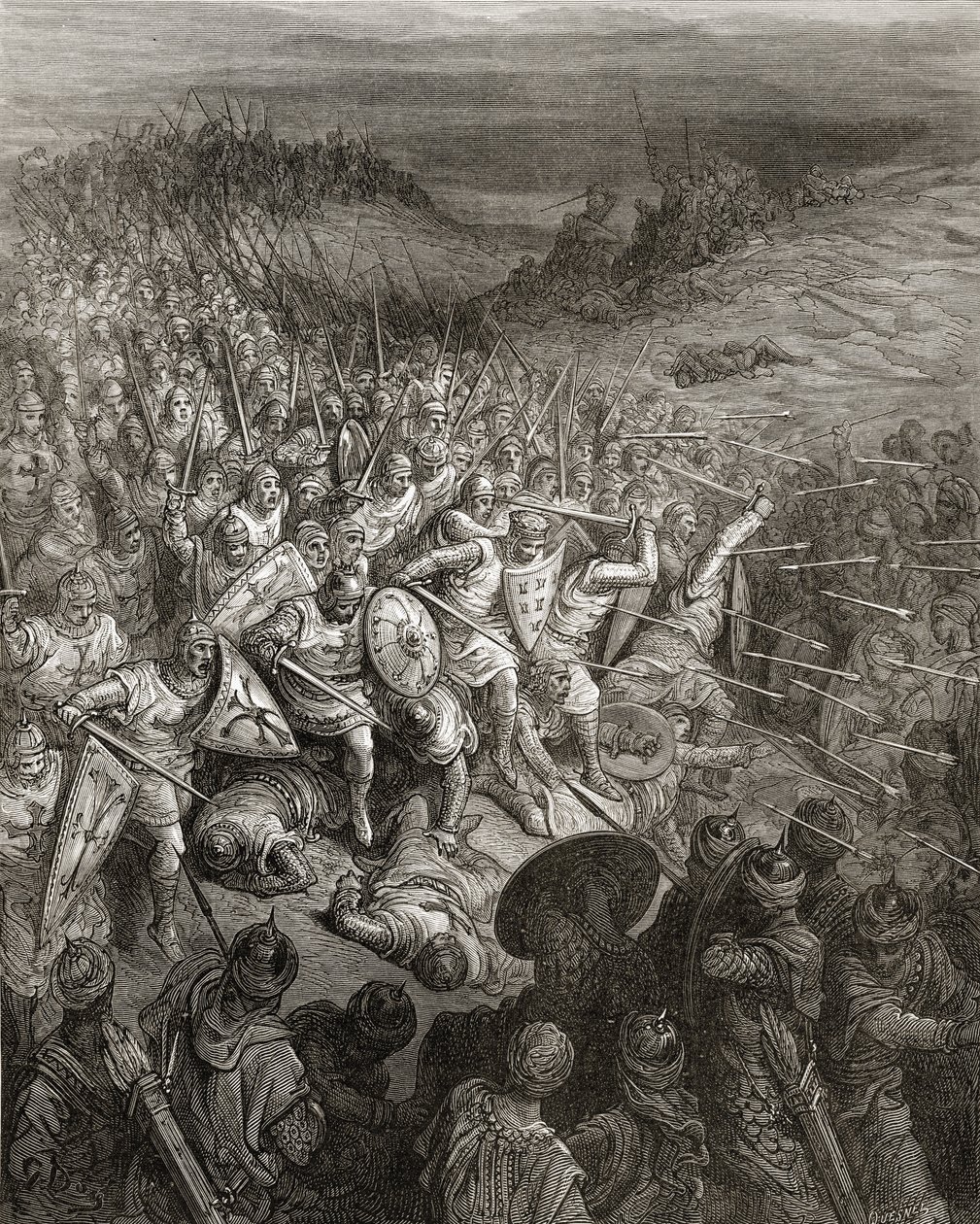 Żołnierze Godfreya przejeżdżają przez armię muzułmańską, ilustracja z „Bibliotheque des Croisades” J-F. Michaud, 1877 r. autorstwa Gustave Dore